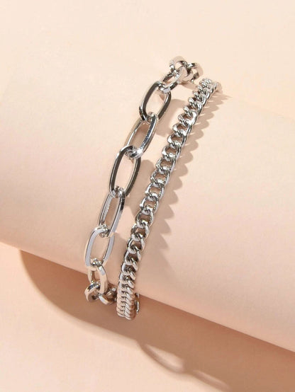 Double layer Silver Chunky Chain Bracelet Women Teens Punk Beach