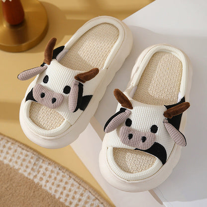 Cute Cartoon Cow Frog Slippers Linen Non-slip Shoes Indoor Garden Home