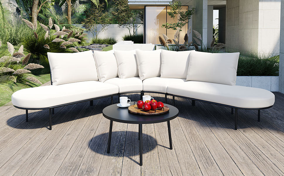 Patio Half- Moon Curved Outdoor Furniture Sofa Set with Coffee Table,