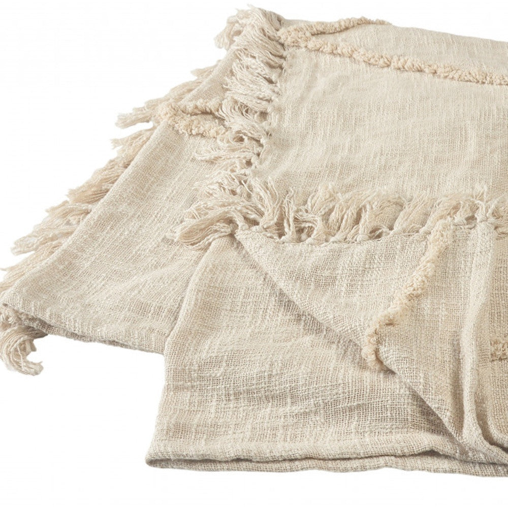 60" X 50" Blue Woven Cotton Throw Blanket with Fringe