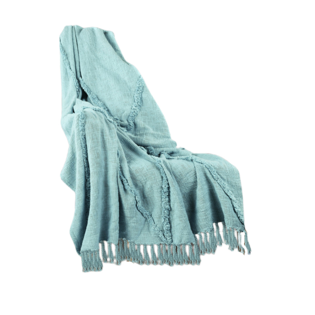 60" X 50" Blue Woven Cotton Throw Blanket with Fringe