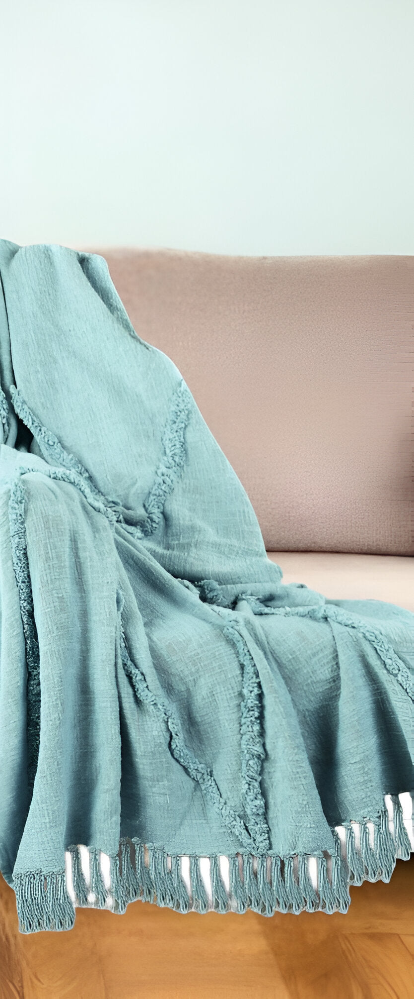 60" X 50" Blue Woven Cotton Throw Blanket with Fringe