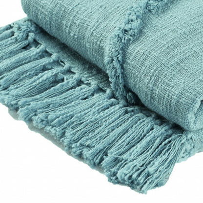 60" X 50" Blue Woven Cotton Throw Blanket with Fringe