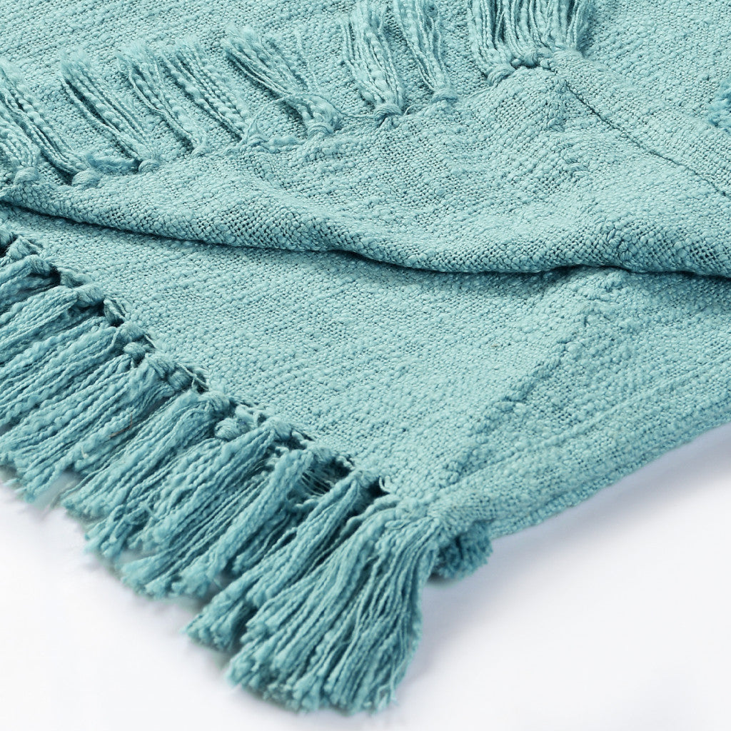60" X 50" Blue Woven Cotton Throw Blanket with Fringe