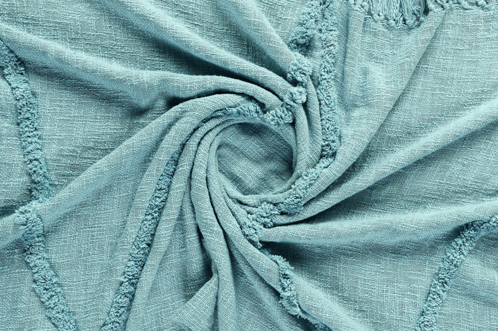 60" X 50" Blue Woven Cotton Throw Blanket with Fringe