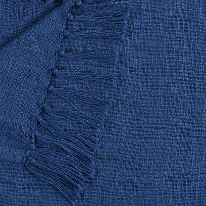 60" X 50" Blue Woven Cotton Throw Blanket with Fringe