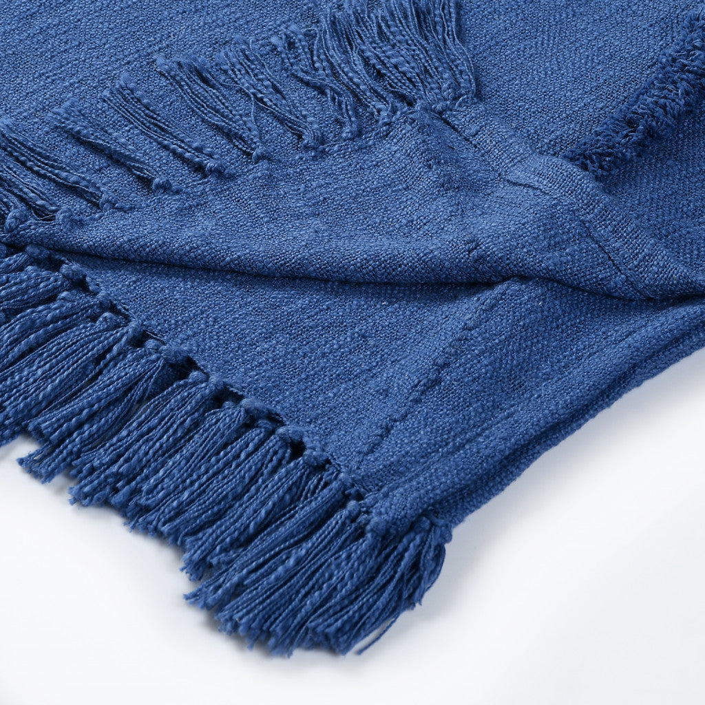 60" X 50" Blue Woven Cotton Throw Blanket with Fringe