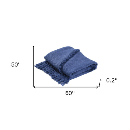 60" X 50" Blue Woven Cotton Throw Blanket with Fringe