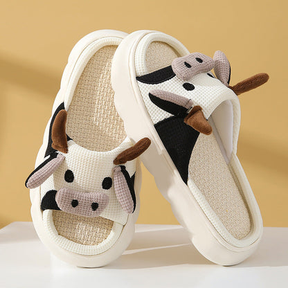 Cute Cartoon Cow Frog Slippers Linen Non-slip Shoes Indoor Garden Home