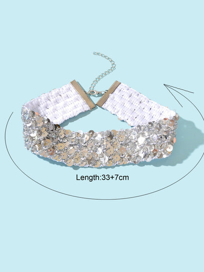 Shinny Wide Black Silver Sequin Choker Necklace Short Collar Costume