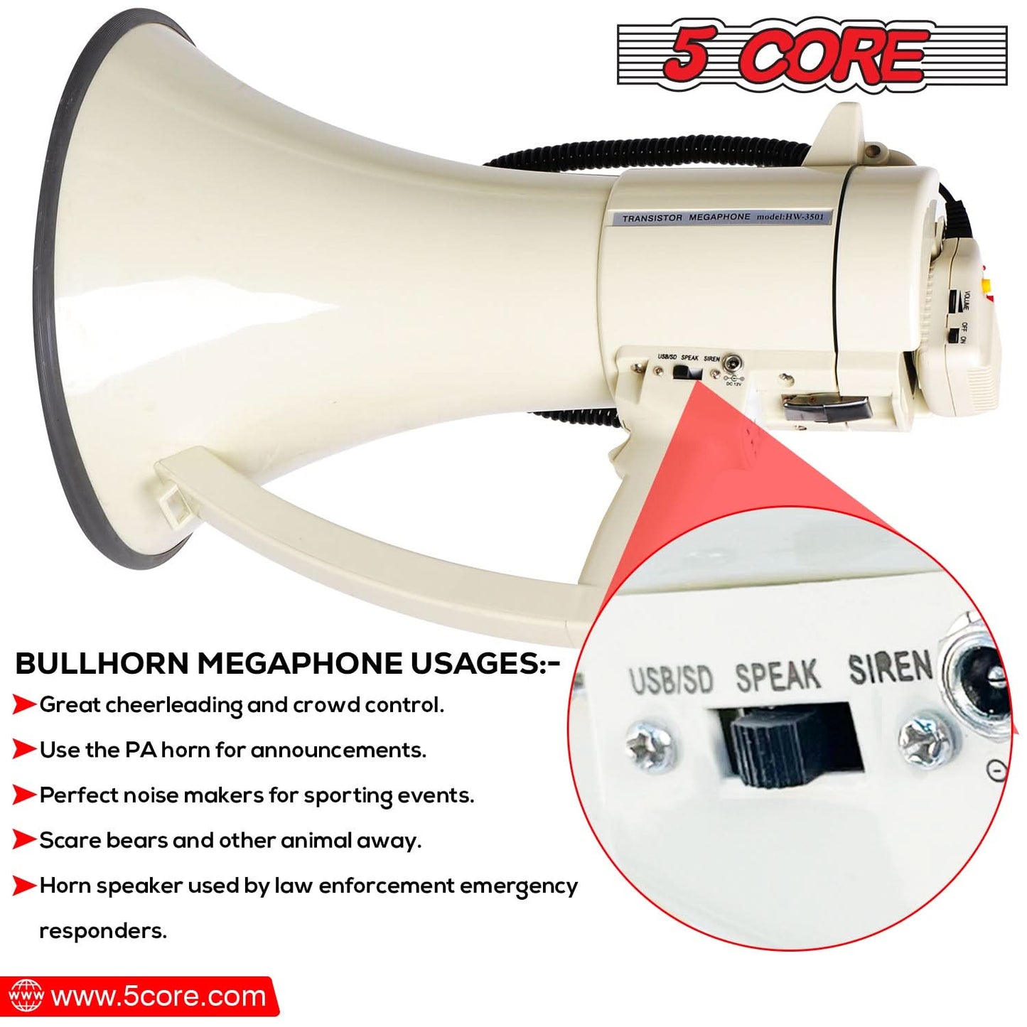 5Core Megaphone Bullhorn Speaker 100W Bull Horn Cheer Megafono 2000