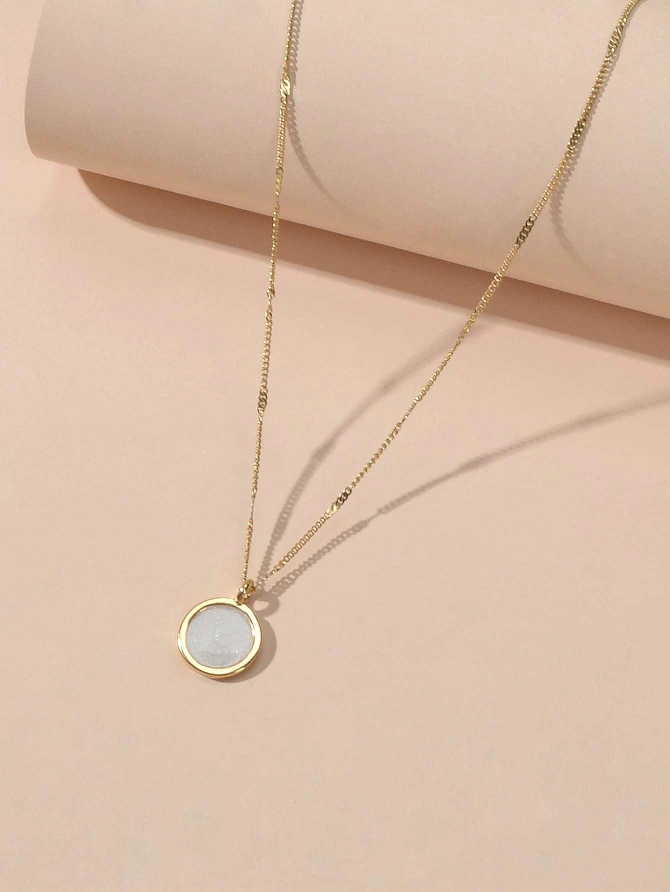 Textured Jewellery Gold Chain White Enamel Round Pendant Necklace