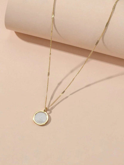 Textured Jewellery Gold Chain White Enamel Round Pendant Necklace