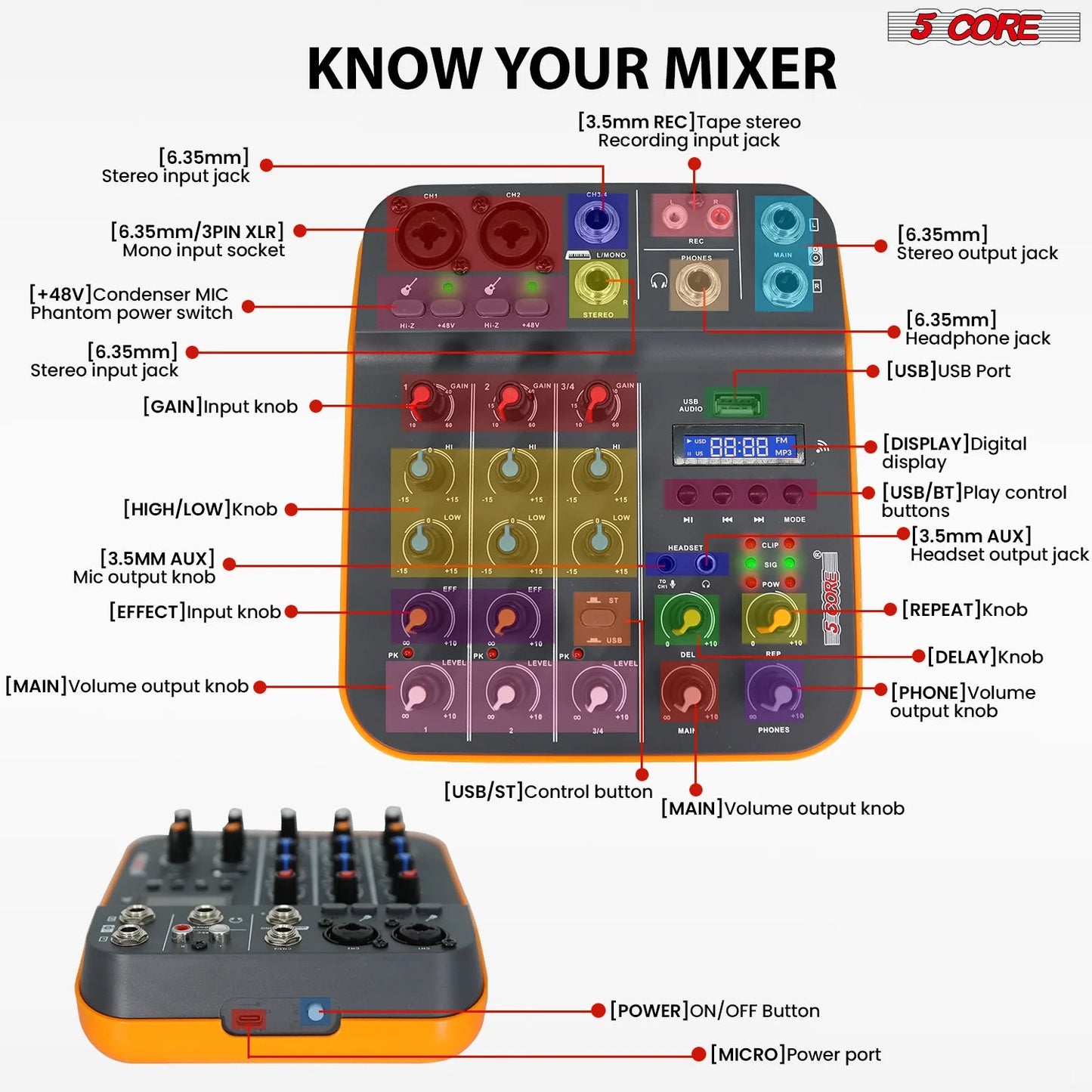 Audio Mixer 4 Channel DJ Equipment with Bluetooth USB Sound Board
