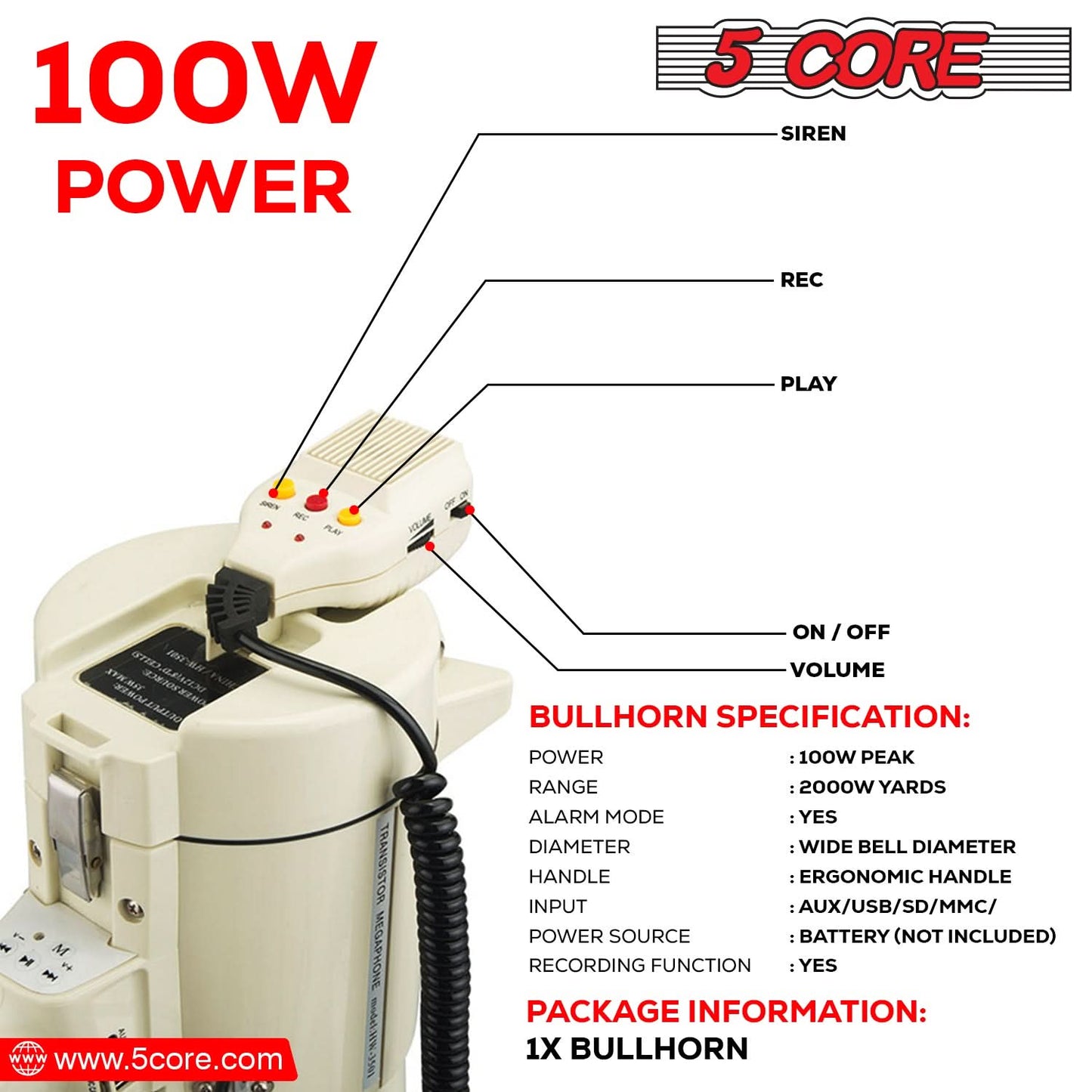 5Core Megaphone Bullhorn Speaker 100W Bull Horn Cheer Megafono 2000