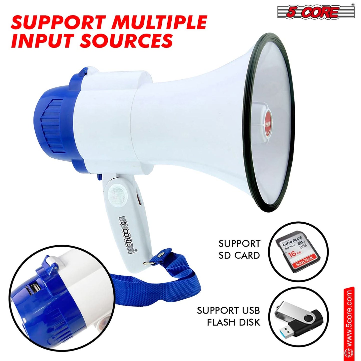 5Core Megaphone Bullhorn Speaker 30W Mini Bull Horn Battery Power