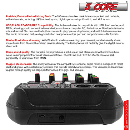 5 Core Audio Mixer 4 Channel DJ Equipment with Bluetooth USB Sound