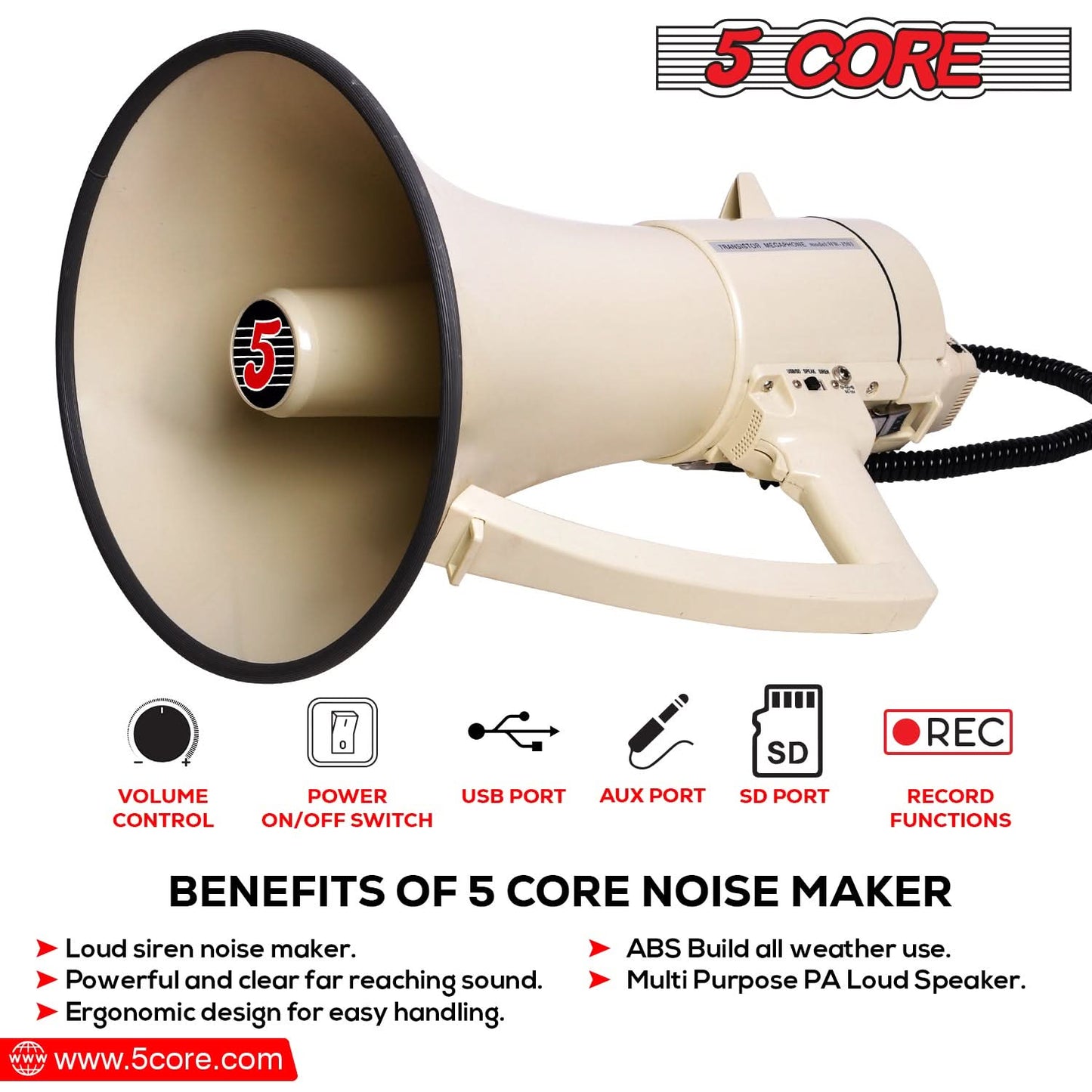 5Core Megaphone Bullhorn Speaker 100W Bull Horn Cheer Megafono 2000
