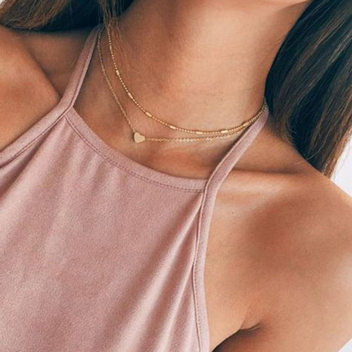 2 pcs Double layered Chain Heart Charm Necklace Fashion Women Gift