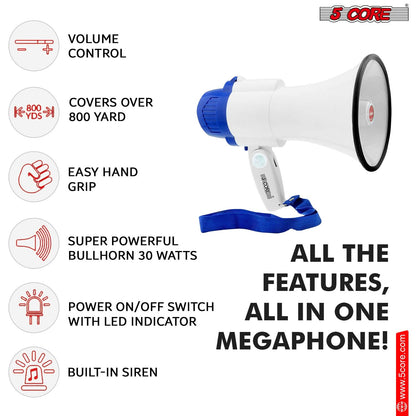 5Core Megaphone Bullhorn Speaker 30W Mini Bull Horn Battery Power