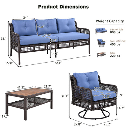 4 Pieces Patio Furniture Set with Swivel Chairs, Outdoor Wicker Sofas