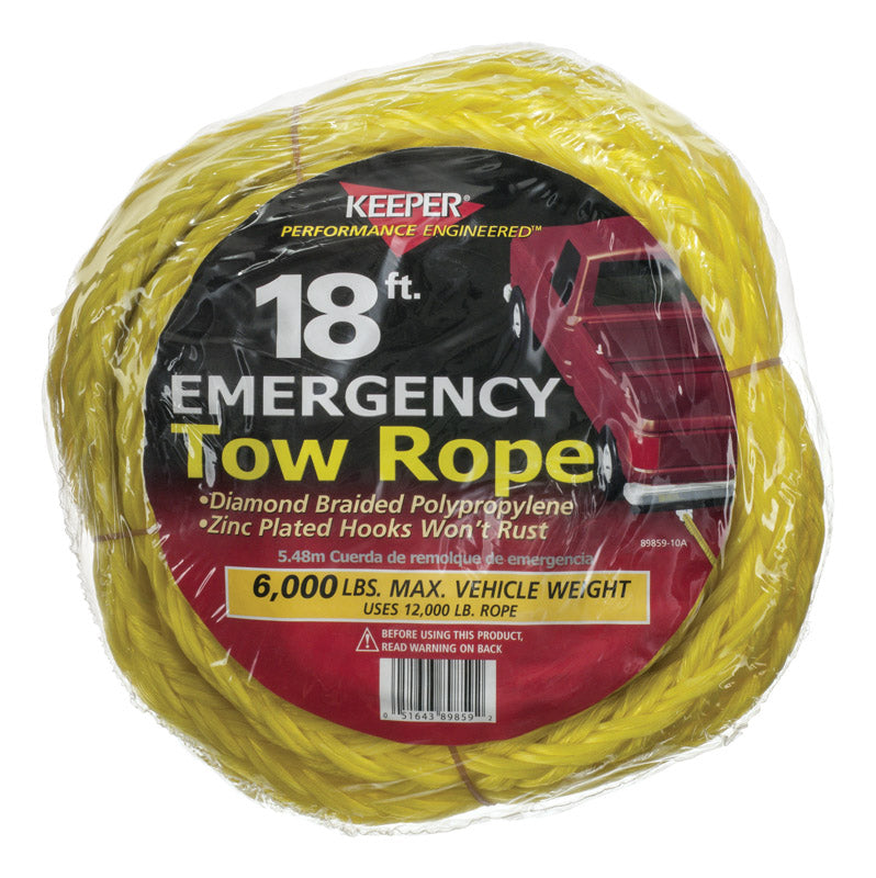 Keeper 8866634 18 ft. L 6000 lbs Aluminium Tow Rope, Yellow