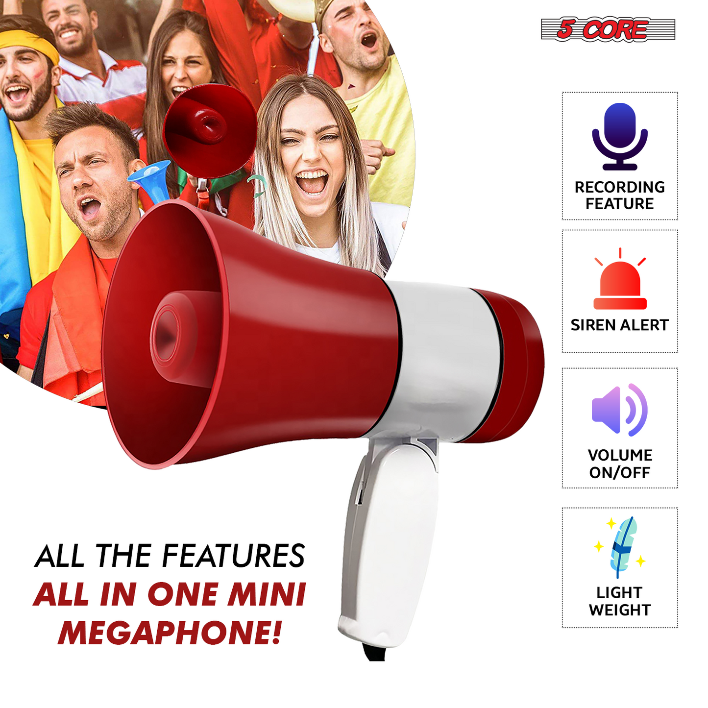 5 Core Megaphone Bullhorn Speaker 30W Bull Horn Rechargeable Cheer