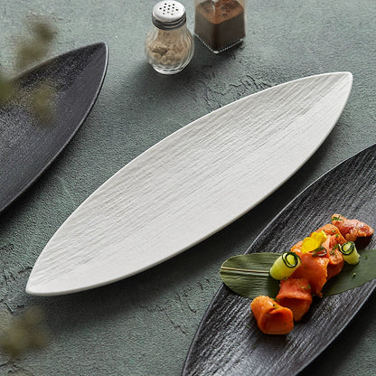 Leaf-Shaped Ceramic Serving Plate – Textured Long Dish for Sushi or Ap