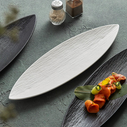 Leaf-Shaped Ceramic Serving Plate – Textured Long Dish for Sushi or Ap