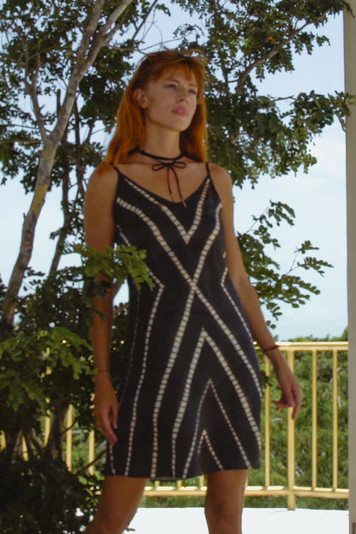 Vela Silk Slip Dress in Striped Shibori