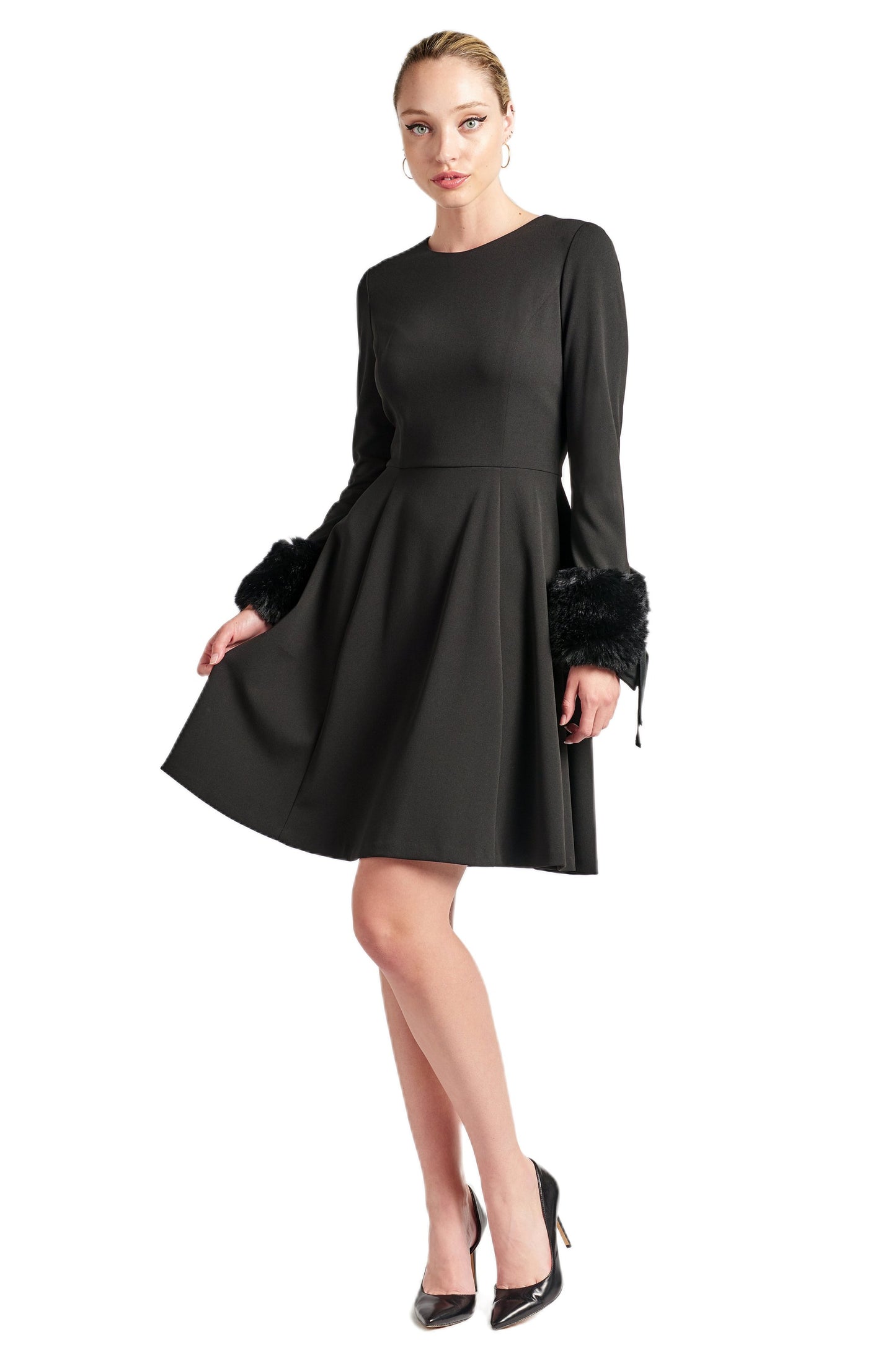 Caroline Dress - Long Sleeve Fit & Flare Black Dress with Faux Fur