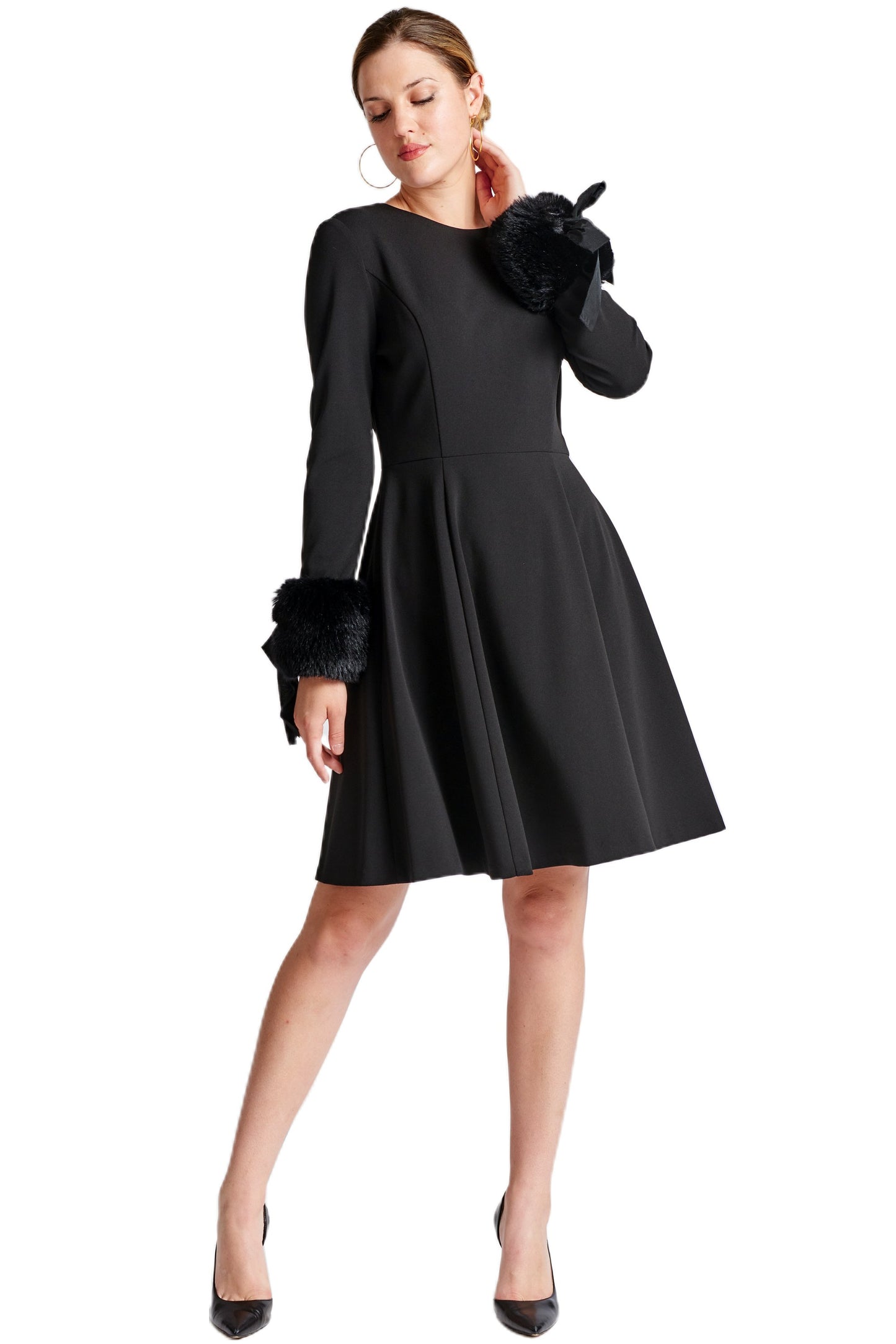 Caroline Dress - Long Sleeve Fit & Flare Black Dress with Faux Fur