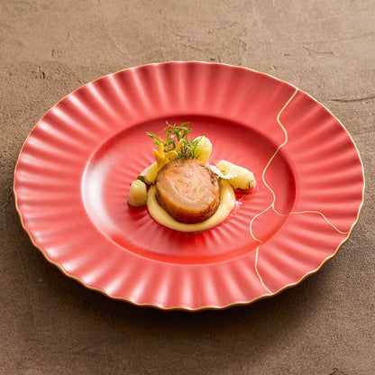 Luxury Red Ceramic Dinner Plate with Golden Veins – Elegant Dining Col