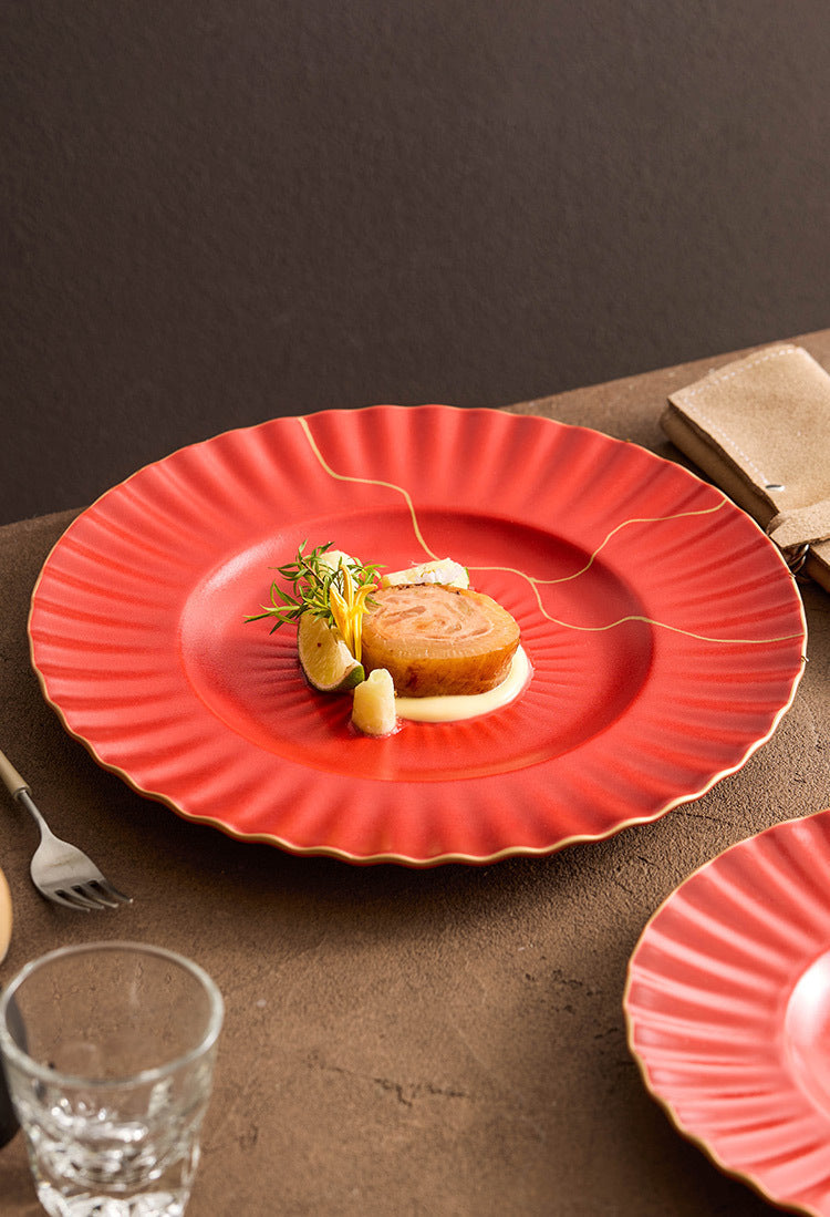 Luxury Red Ceramic Dinner Plate with Golden Veins – Elegant Dining Col