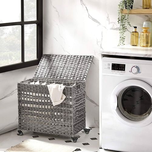 Grey PP Rattan 3-Basket Laundry Hamper Sorter Cart with Removable