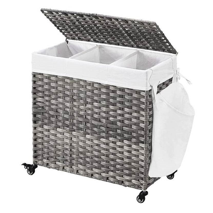 Handwoven Grey PP Rattan 3-Bag Laundry Basket Cart with Cotton Liner