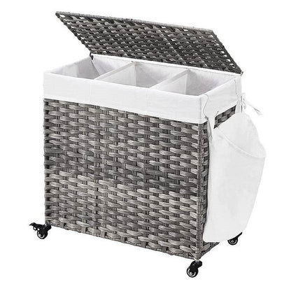 Handwoven Grey PP Rattan 3-Bag Laundry Basket Cart with Cotton Liner