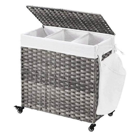 Handwoven Grey PP Rattan 3-Bag Laundry Basket Cart with Cotton Liner