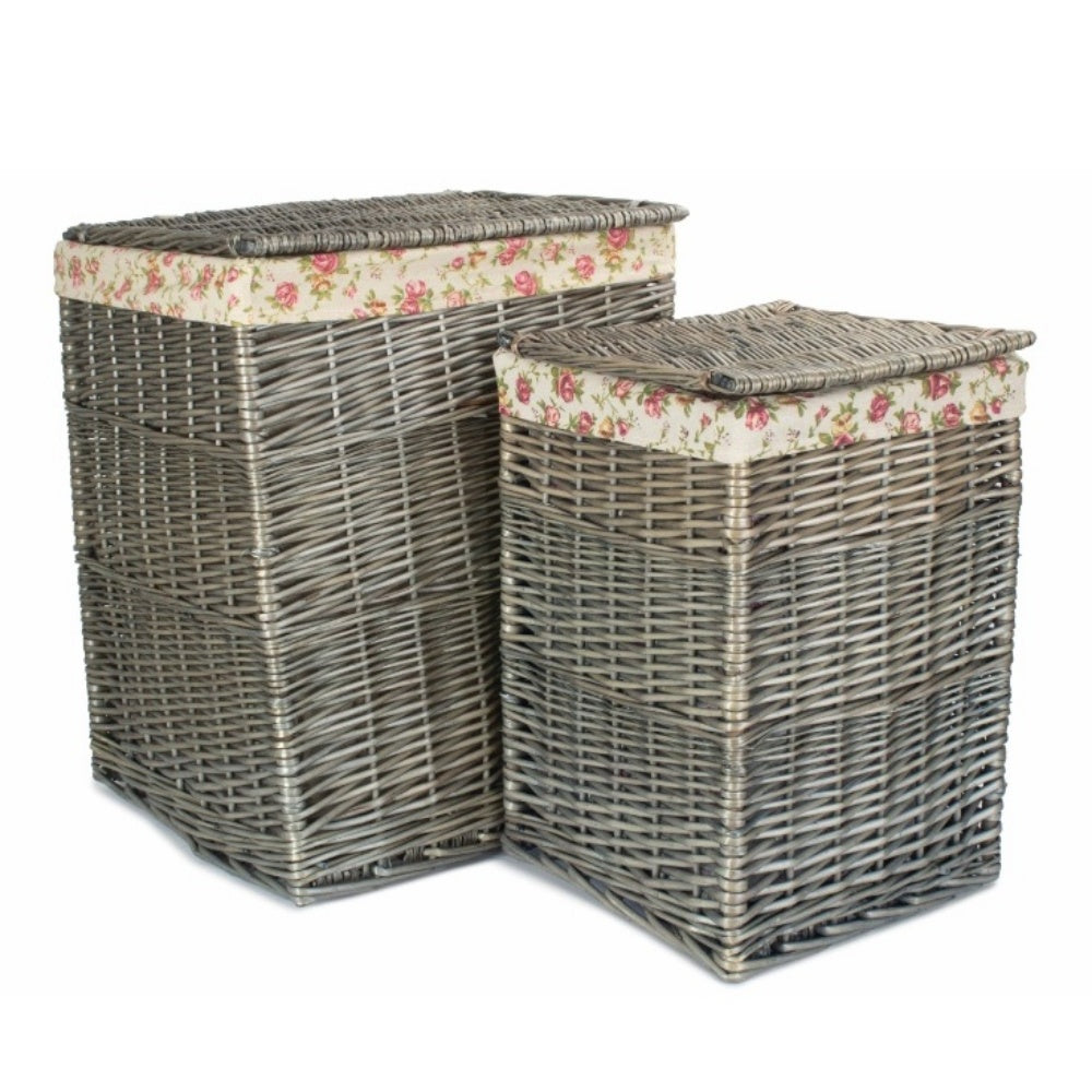 Antique Wash Square Garden Rose Cotton Lined Laundry Basket