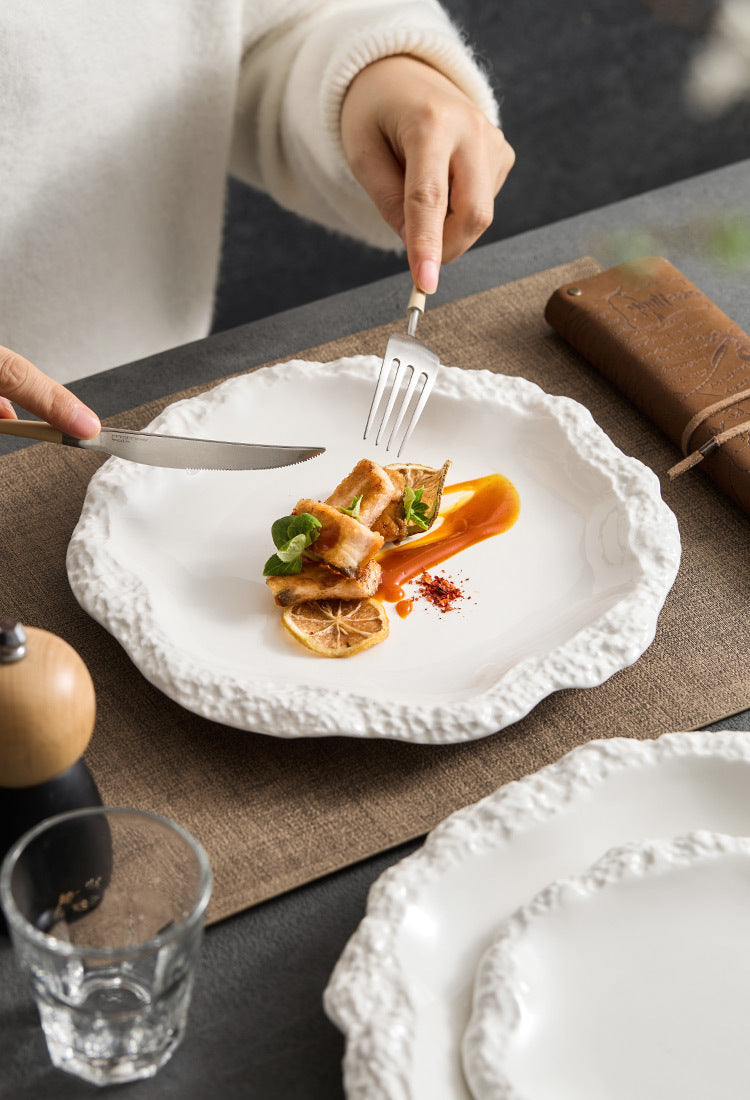 Rock Pattern Ceramic Skirt Plate – Modern Flat Shallow Dish for Dining