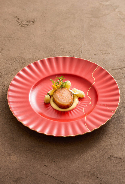 Luxury Red Ceramic Dinner Plate with Golden Veins – Elegant Dining Col