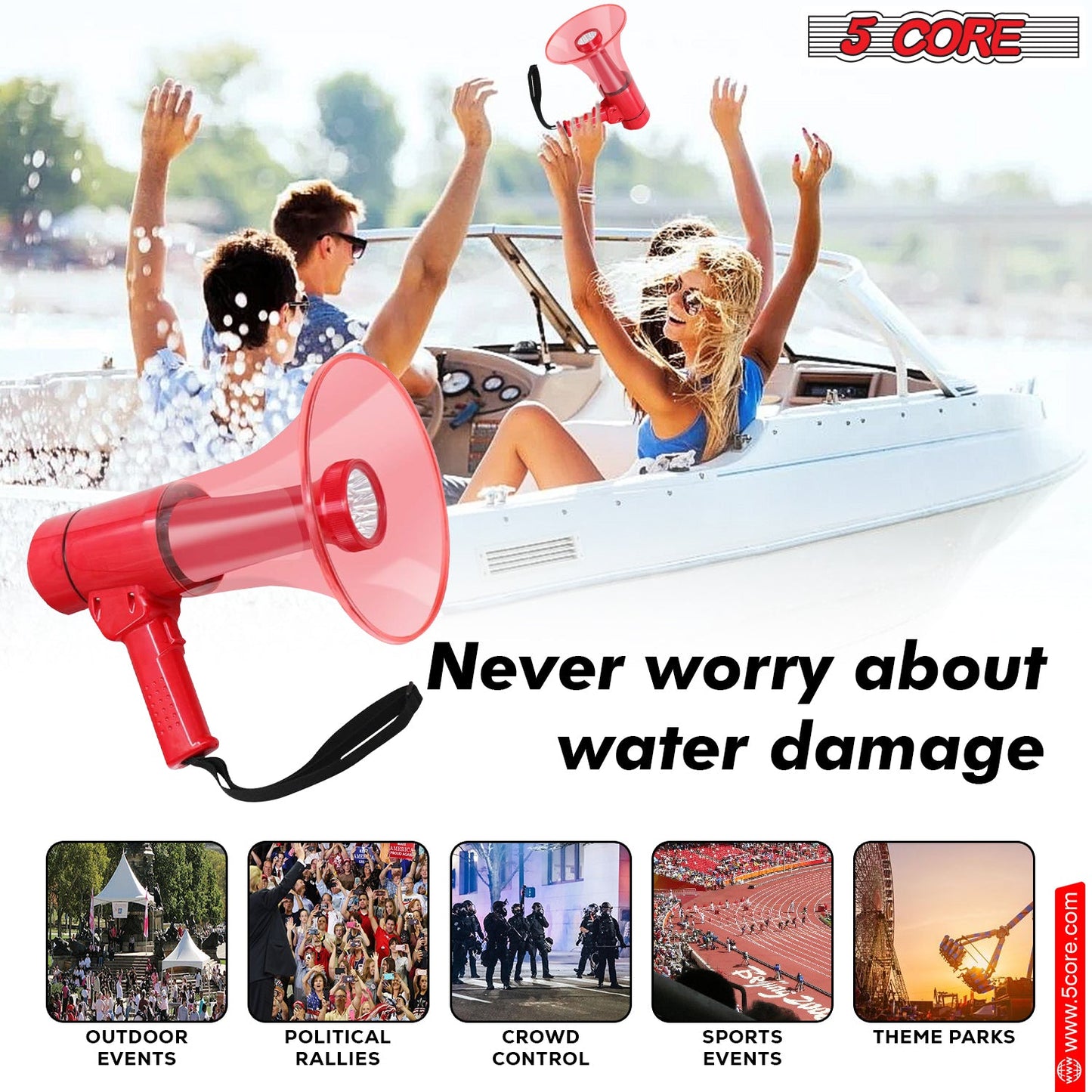 5Core Megaphone Bullhorn Speaker w Siren LED Light Adjustable Volume