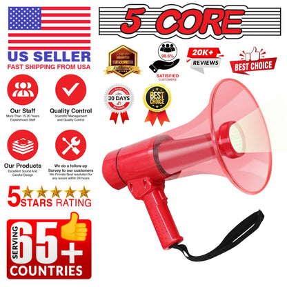 5Core Megaphone Bullhorn Speaker w Siren LED Light Adjustable Volume