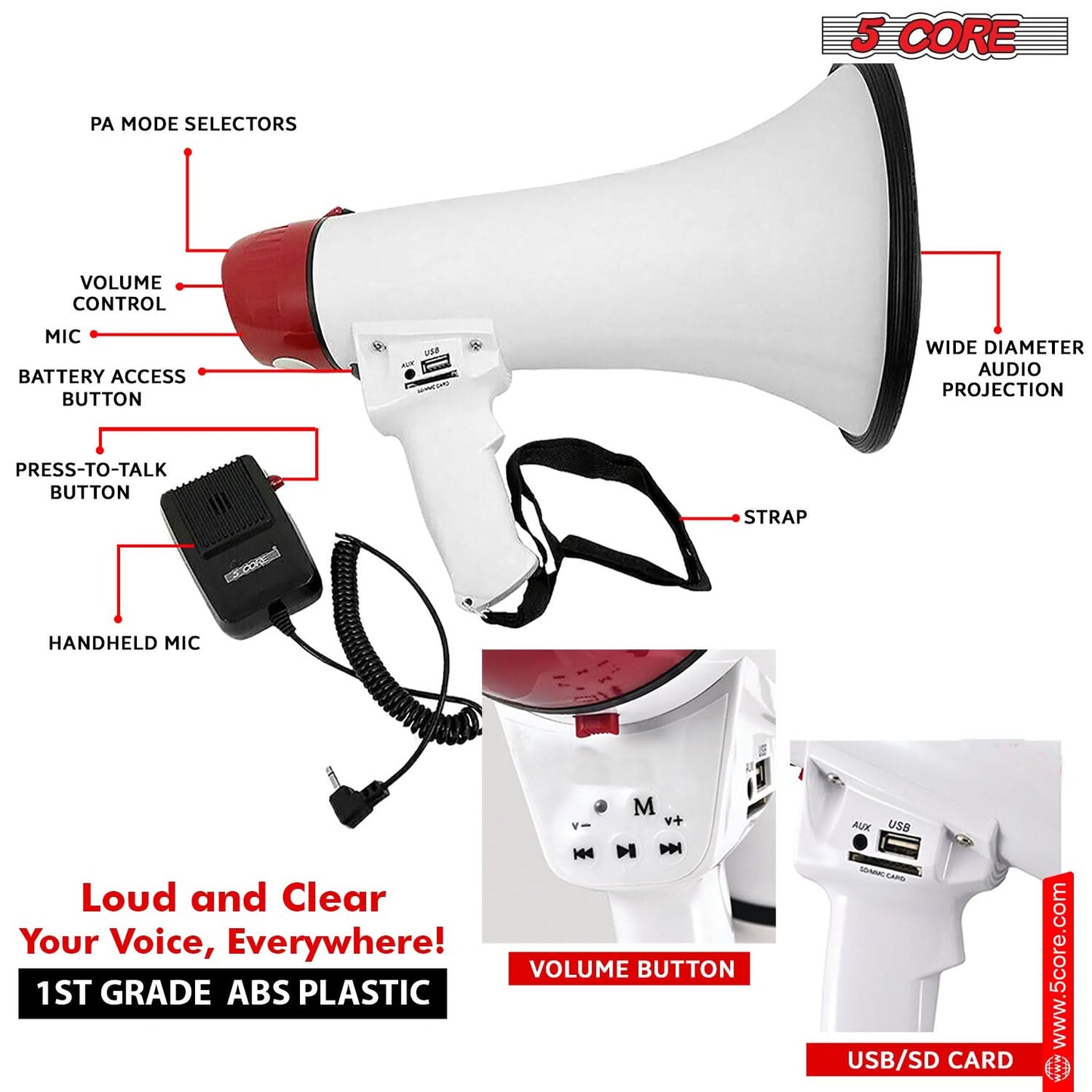 5Core Megaphone Bullhorn Speaker 50W Bull Horn Cheer Megafono 300