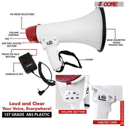 5Core Megaphone Bullhorn Speaker 50W Bull Horn Cheer Megafono 300
