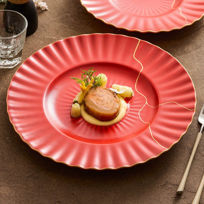 Luxury Red Ceramic Dinner Plate with Golden Veins – Elegant Dining Col
