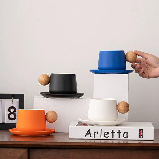 Creative Handle Ceramic Mug & Saucer – Nordic Style Gift Set