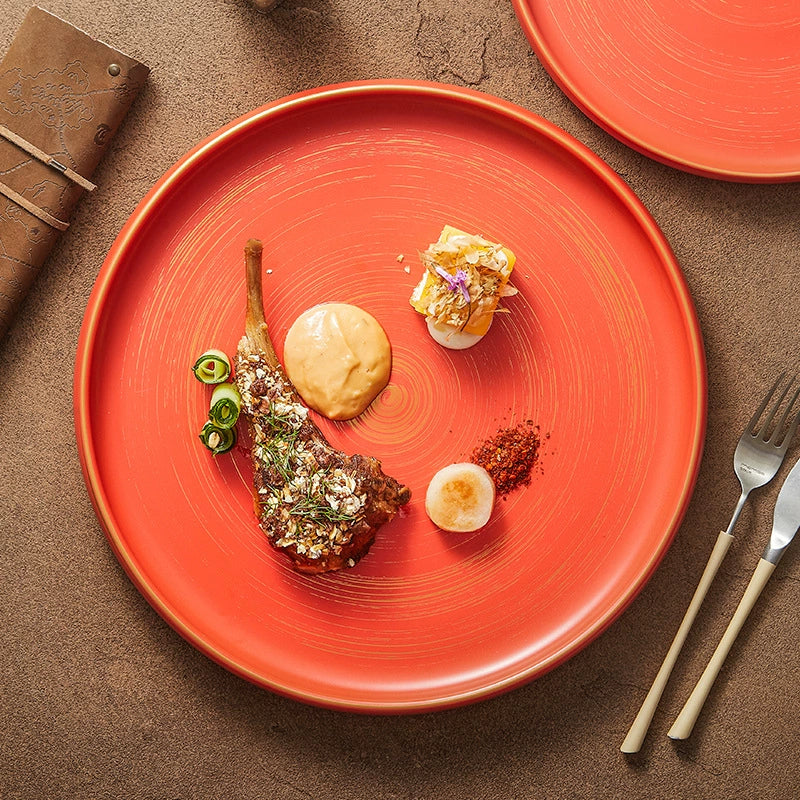 Handcrafted Matte Ceramic Plate with Raised Rim – Gold-Brushed Finish