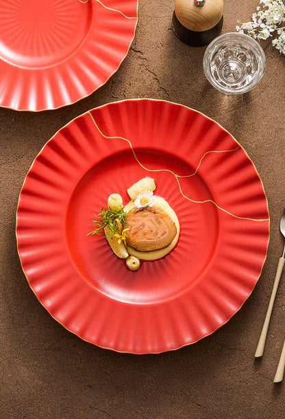 Luxury Red Ceramic Dinner Plate with Golden Veins – Elegant Dining Col