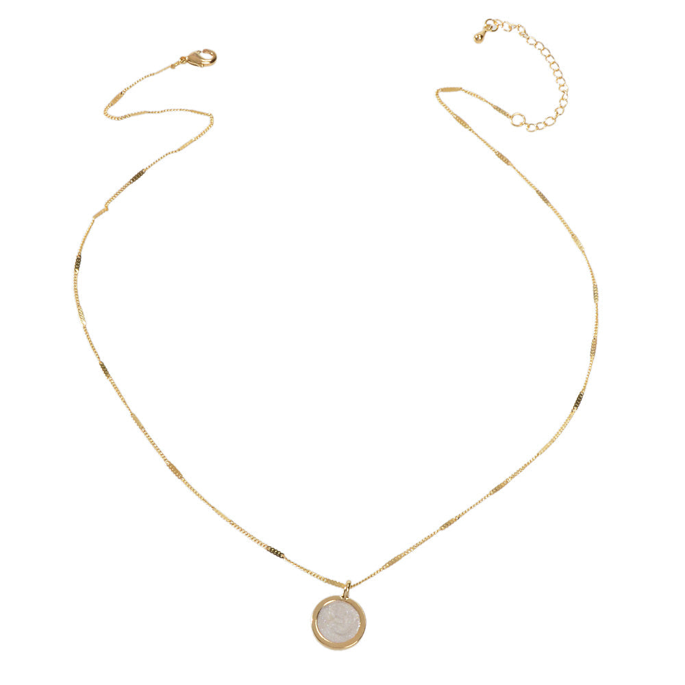 Textured Jewellery Gold Chain White Enamel Round Pendant Necklace